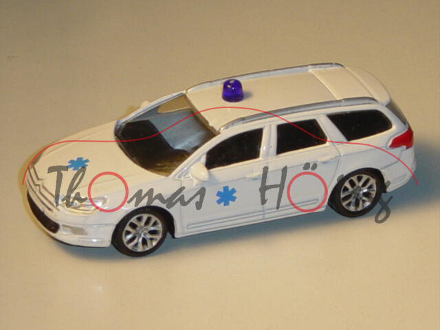 Citroen C5, reinweiß, Ambulance-Logo auf den Türen und auf der Motorhaube, mit Blaulicht, 1:50, Nore