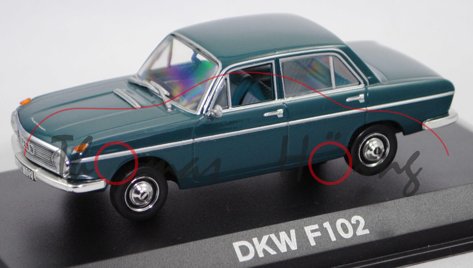 DKW F 102 (viertürige Stufenheck-Limousine, Modell 1965-1966), blaugrün, Norev, 1:43, PC-Box