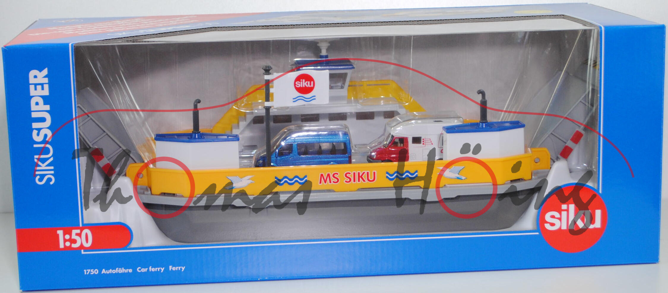 00003 Autofähre, MS SIKU, Ladegut: Mercedes-Benz Sprinter II in blau mit C80 und NIESMANN + BISCHOFF ClouTREND® 570E in weiß/rot, CAMP, SIKU, 1:50, L17oK