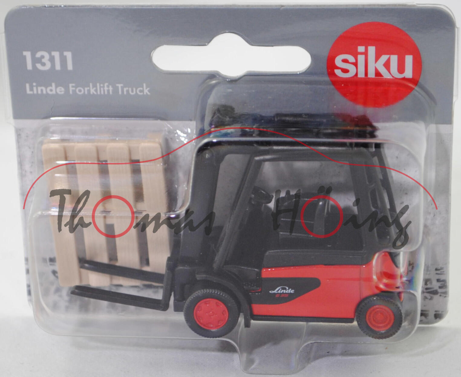 00001 Linde Elektro-Gegengewichtsstapler E35/600H (Baureihe 388, Modell 2011-2017), verkehrsrot/schwarz, Zubehör: 1 hell-beige Palette, SIKU SUPER, 1:53, P29f