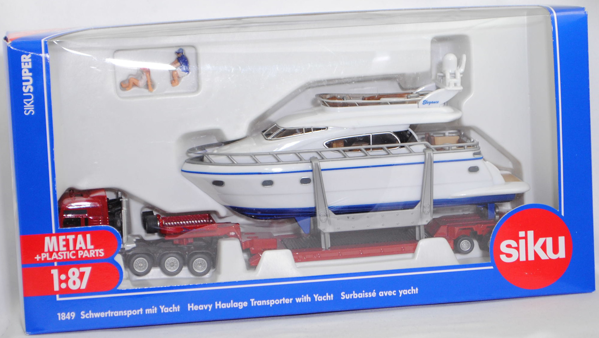 00002 MAN TGA 41.660 XXL 8x4/4 Schwertransport mit Yacht Elegance 54 (Baujahr 2005), rot/schwarz, Drettmann, ohne Chargennummer, C27c / C28c, SIKU SUPER 1:87, L17mpK
