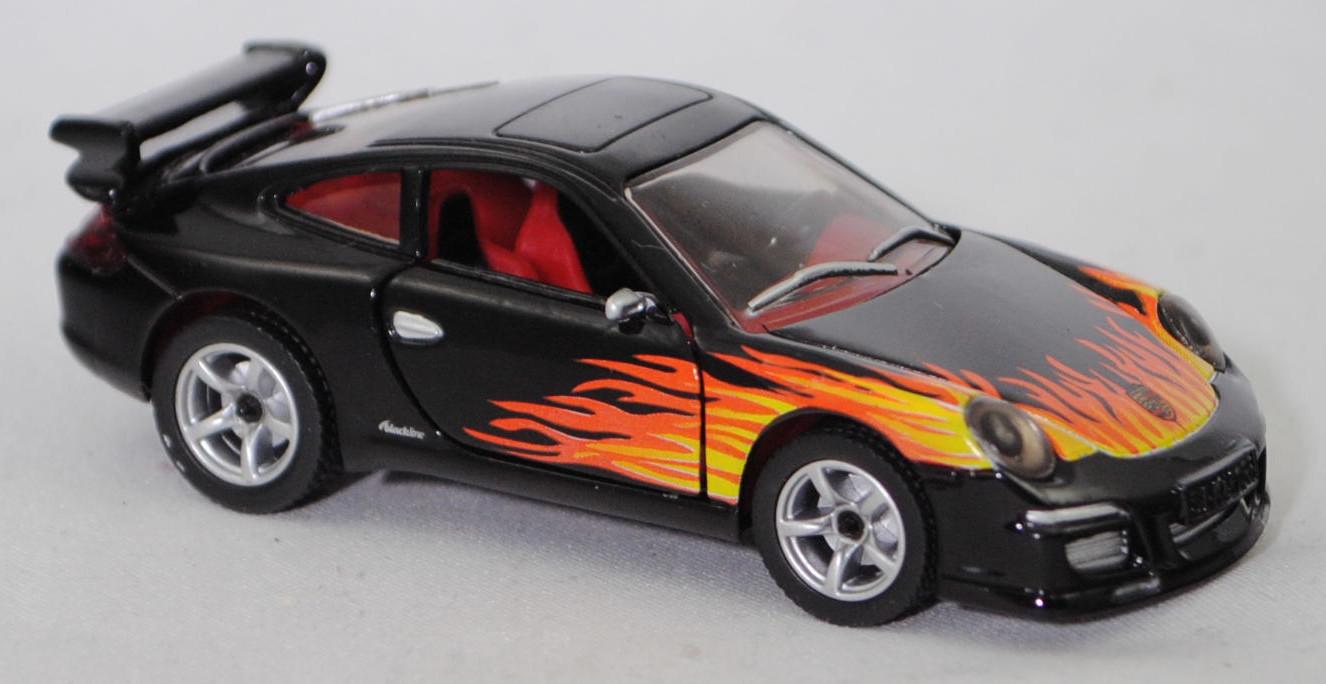 00401 Porsche 911 Carrera S (Typ 997.1 Coupé / 997 MK1 Coupé, Vorfacelift, Modell 2004-2008), schwarz, blackline / Flammendesign, SIKU SUPER, 1:55, m