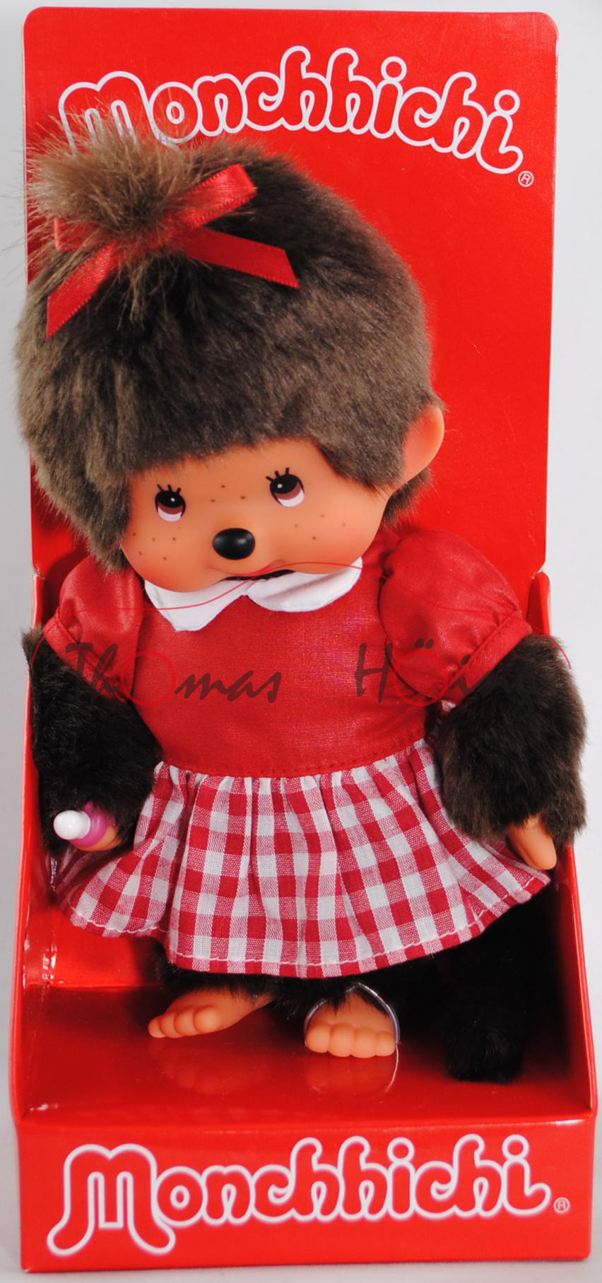 Monchhichi Red Checker Girl S-size (Mädchen im Karo Kleid), 20 cm groß, Sekiguchi