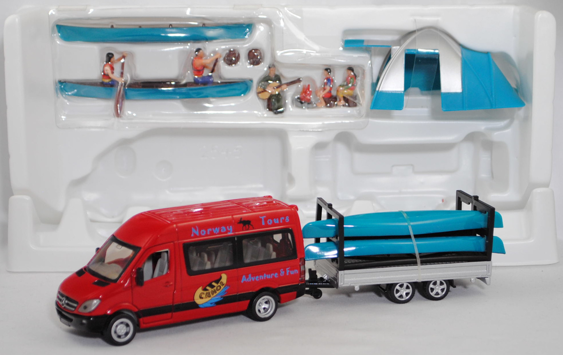 00000 Mercedes-Benz Sprinter II Kombi Hochdach mit Anhänger und 4 Kanus, rot + silber/schwarz, Norway Tours / CANOE / Adventure & Fun, SIKU SUPER, 1:50, L17mK