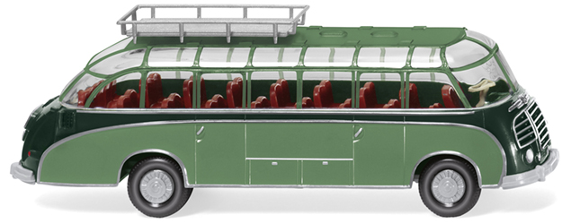 Setra S8 Reisebus (Modell 1952-1958), dunkelgrün/resedagrün, innen signalrot, Wiking, 1:87, mb