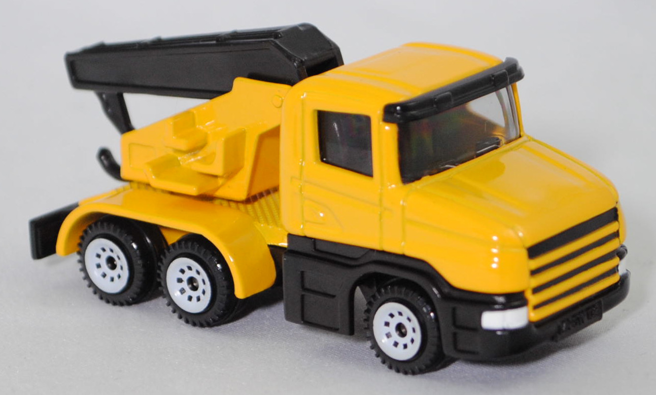 00002 Scania T114GB 6x4 NZ 340 (Serie 4, Fahrerhaustyp CT14, Modell 1995-1998) Abschleppwagen, gelb, Ausleger mit Abschlepphaken schwarz, C1 weiß, SIKU SUPER, 1:86, m
