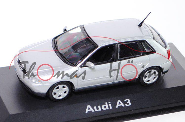 Audi A3 5-türig (Typ 8L), Modell 1999 - 2003, silber, Minichamps, 1:43, Werbeschachtel