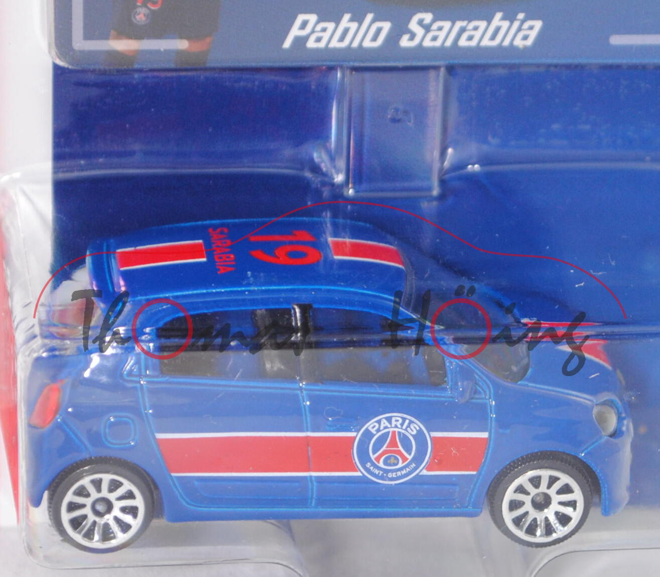 Renault Twingo (3. Gen., Mod. 14-19), blau, 19 / SARABIA, mit Sammelkarte, majorette, 1:54, Blister