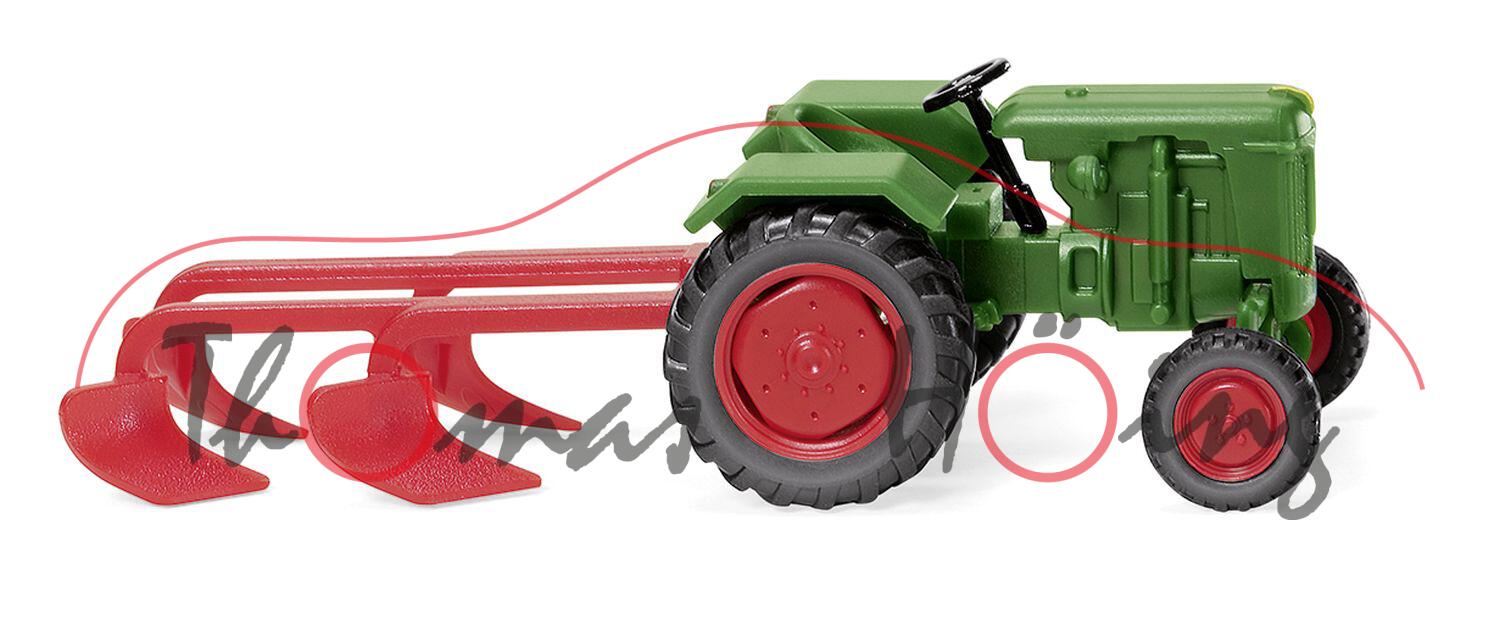 NORMAG Faktor I Dieselschlepper (Modell 51-52) Traktor mit 4-Schar-Pflug, laubgrün/rot, Wiking, 1:87