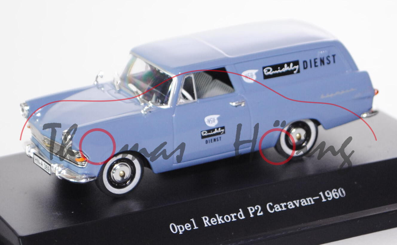 Opel Rekord P2 Caravan, Modell 1960-1963, Baujahr 1960, taubenblau, NSU Quickly DIENST, 1:43, Starli