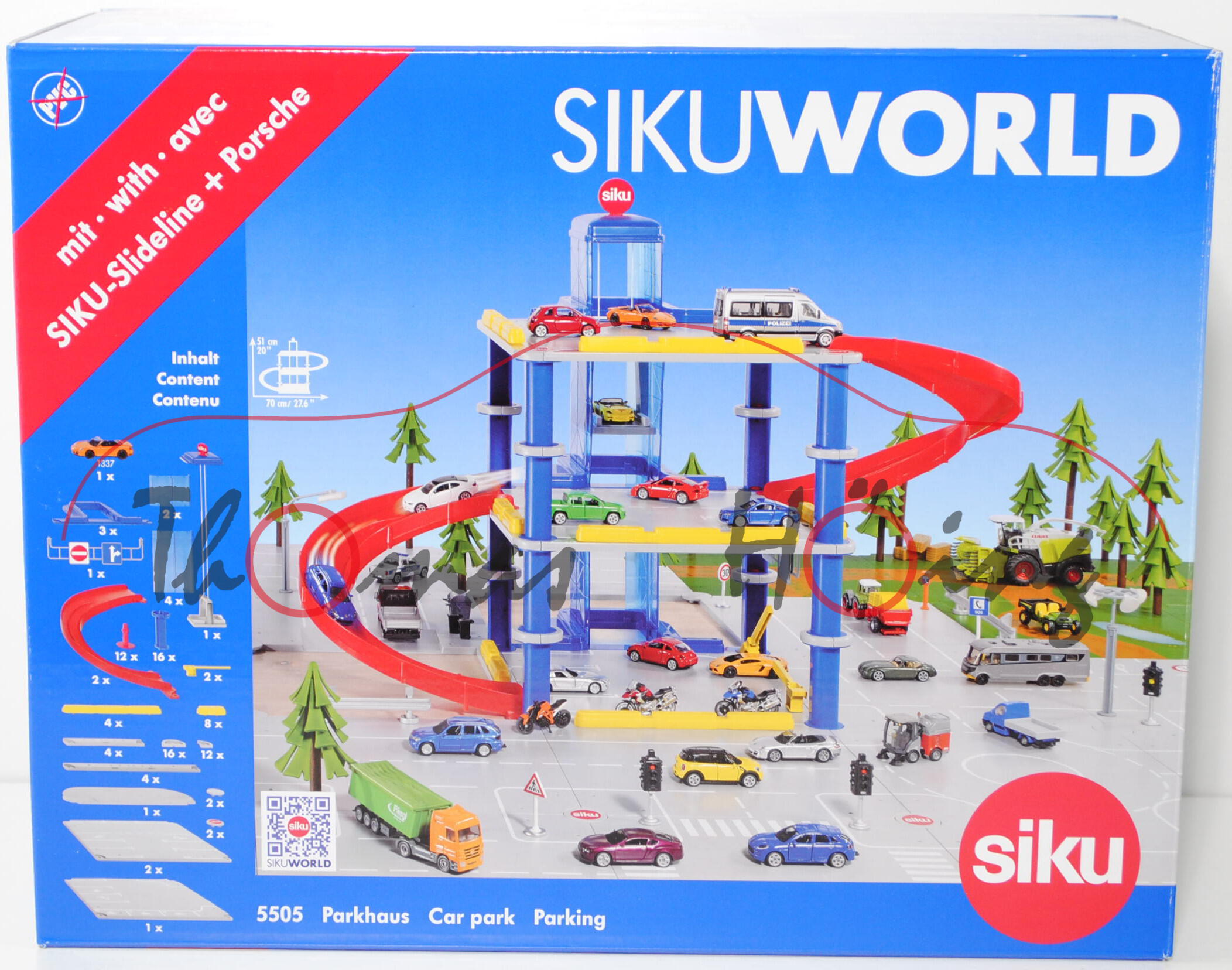 00000 SIKU WORLD Parkhaus, incl. mechanischer Aufzug und Porsche 911 Turbo Cabrio, L18