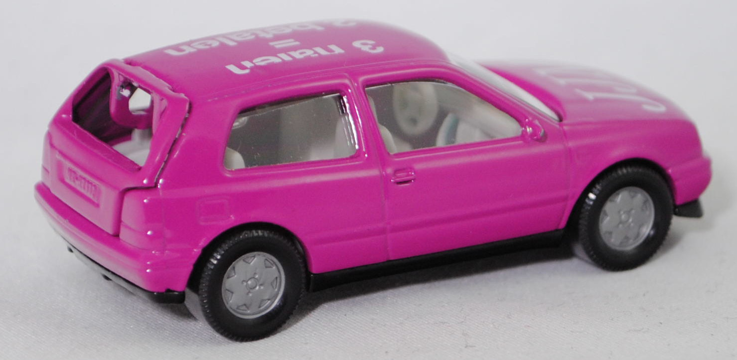 00003 JJM VW Golf III 1.8 GL (Typ 1H, Vorfacelift, Modell 1991-1994), dunkel-verkehrspurpur, innen grau, Lenkrad grau, JJM / 3 halen / = / 2 betalen, Chassis schwarz, SIKU SUPER, 1:56, m