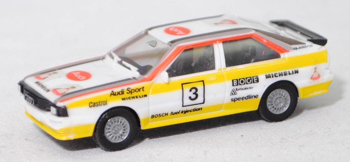 Audi quattro (B2, Typ 85Q, VFL (Vorfacelift), Modell 1980-1982) Rallye, alpinweiß (L90E), Design FIA-Rallye-Weltmeisterschaft 1984, Team HB Audi Sport, Nr. 3, Herpa, 1:87, mb