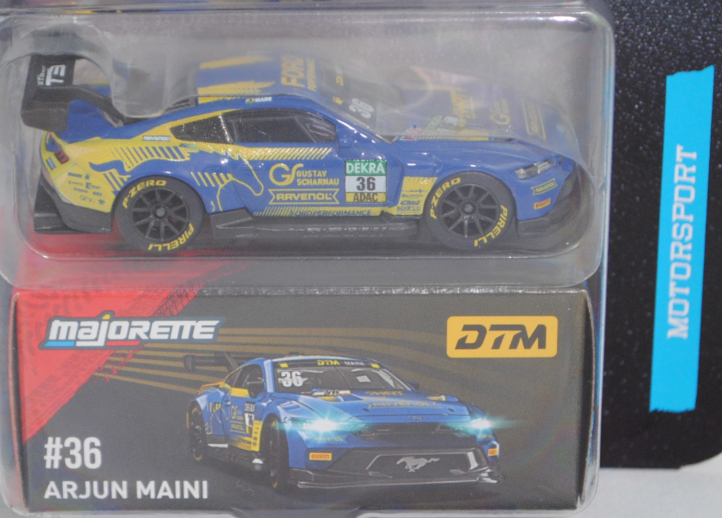 Ford Mustang GT3 (S650, Typ VII, Homologationsnummer GT3-058, Modell 2024-2025), blau/gelb, DTM 2025, Arjun Maini, Nr. 36, HRT Haupt Racing Team, majorette, 1:63, Blister