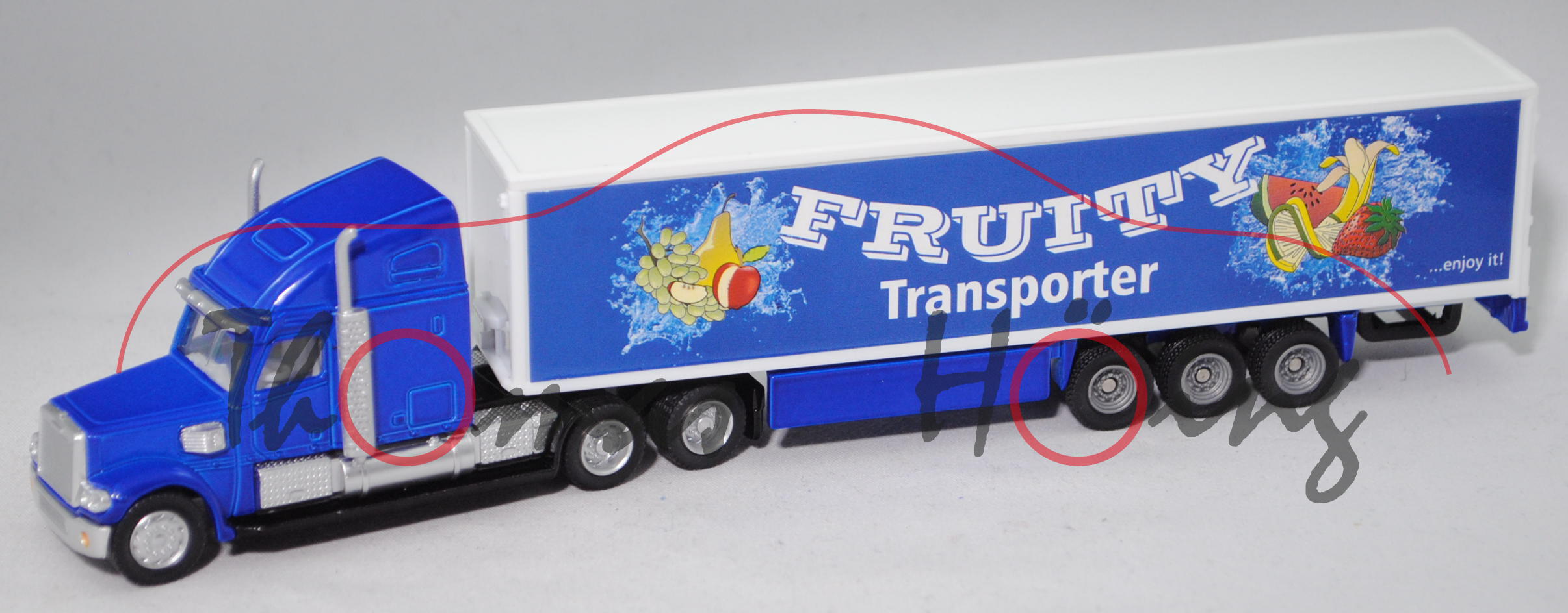 00401 FREIGHTLINER CORONADO mit Koffer-Sattelauflieger, blau/schwarz/weiß, FRUITY, L17mpK