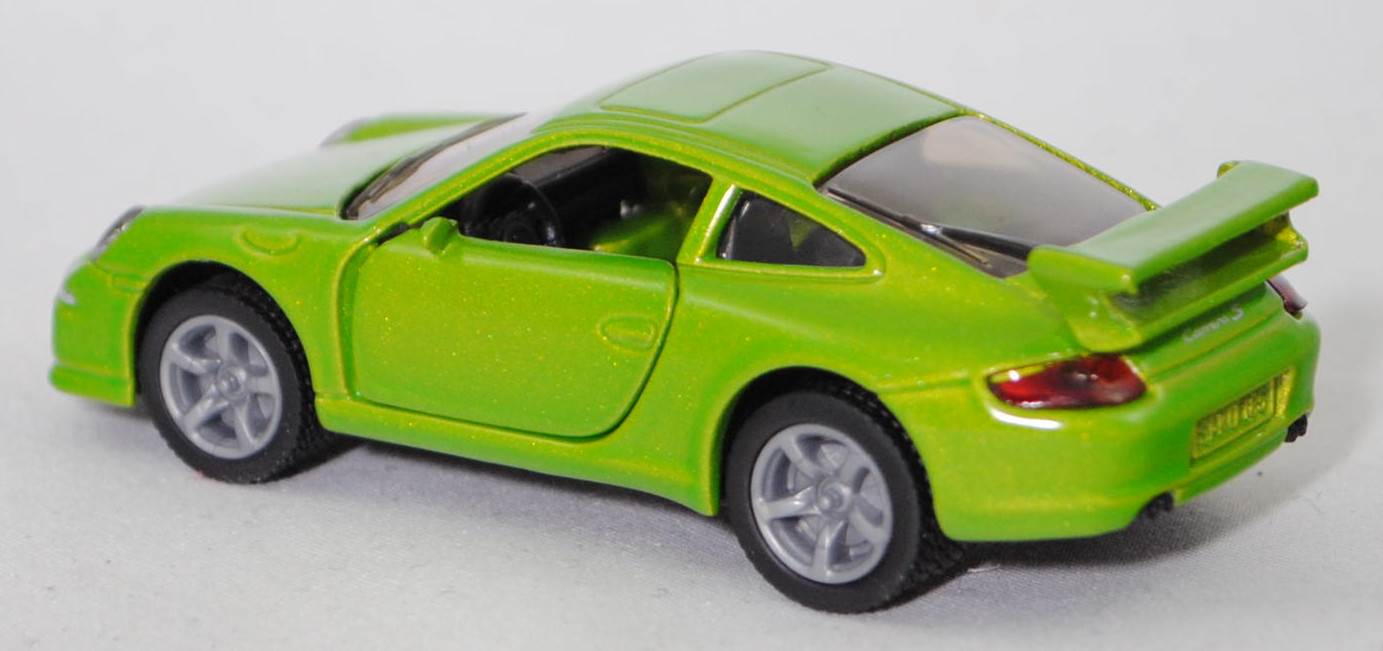 00003 Porsche 911 Carrera S (Typ 997.1 Coupé / 997 MK1 Coupé, Vorfacelift, Modell 2004-2008), hell-gelbgrünmetallic, B22a / B22b geschlossen silbergrau, SIKU SUPER, 1:55, m
