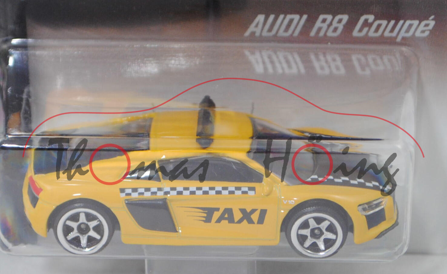 Audi R8 Coupé V10 (Baureihe 4S, Modell 2015-2019) (Nr. 237F), gelb, TAXI, majorette, 1:58, Blister