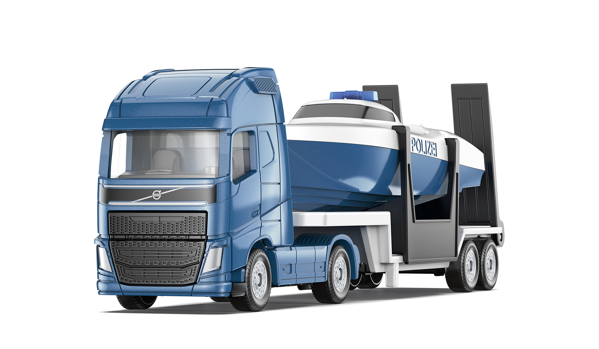 00000 Volvo FH16 750 Globetrotter-XL 4x2 (3. Generation, Vorfacelift, Modell 2013-2020) mit Sattelauflieger und Boot, blau/silbergraumetallic, Boot weiß/blau, POLIZEI, SIKU SUPER 1:87, L17mpK