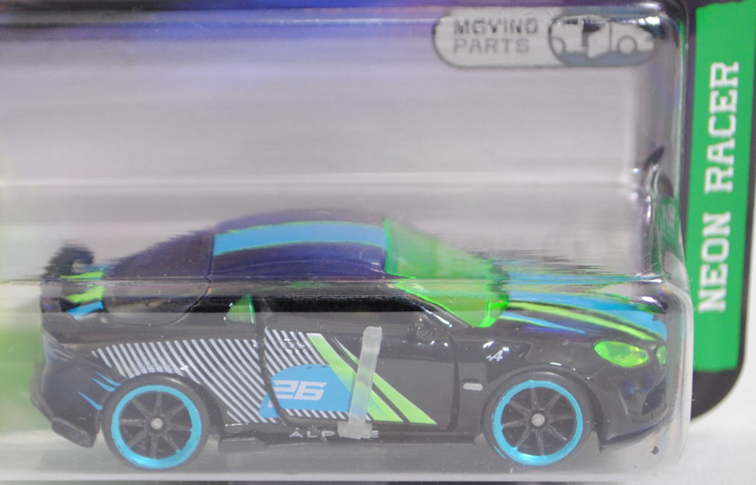 ALPINE A110 R (2. Generation, Baureihe A110, Typ AEF, Modell 2022-) (Nr. 221N), schwarz (noir profond), Startnummer 26, majorette, 1:58, Blister (NEON RACER PREMIUM CARS)