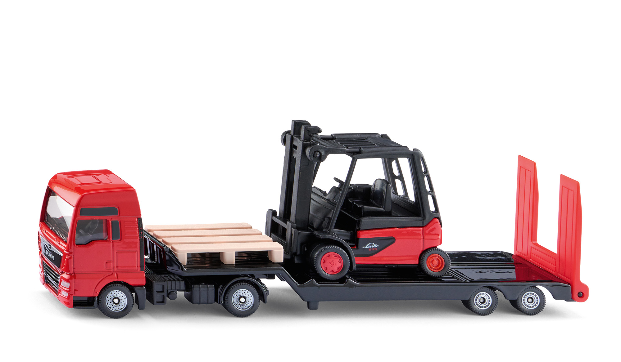 00000 MAN TGX 18.580 D38 XXL (Modell 2017-2019) und Sattelauflieger mit Linde Elektro-Gegengewichtsstapler E35/600H (Modell 2011-2017), rot/schwarz, SIKU SUPER 1:87, L17mpK
