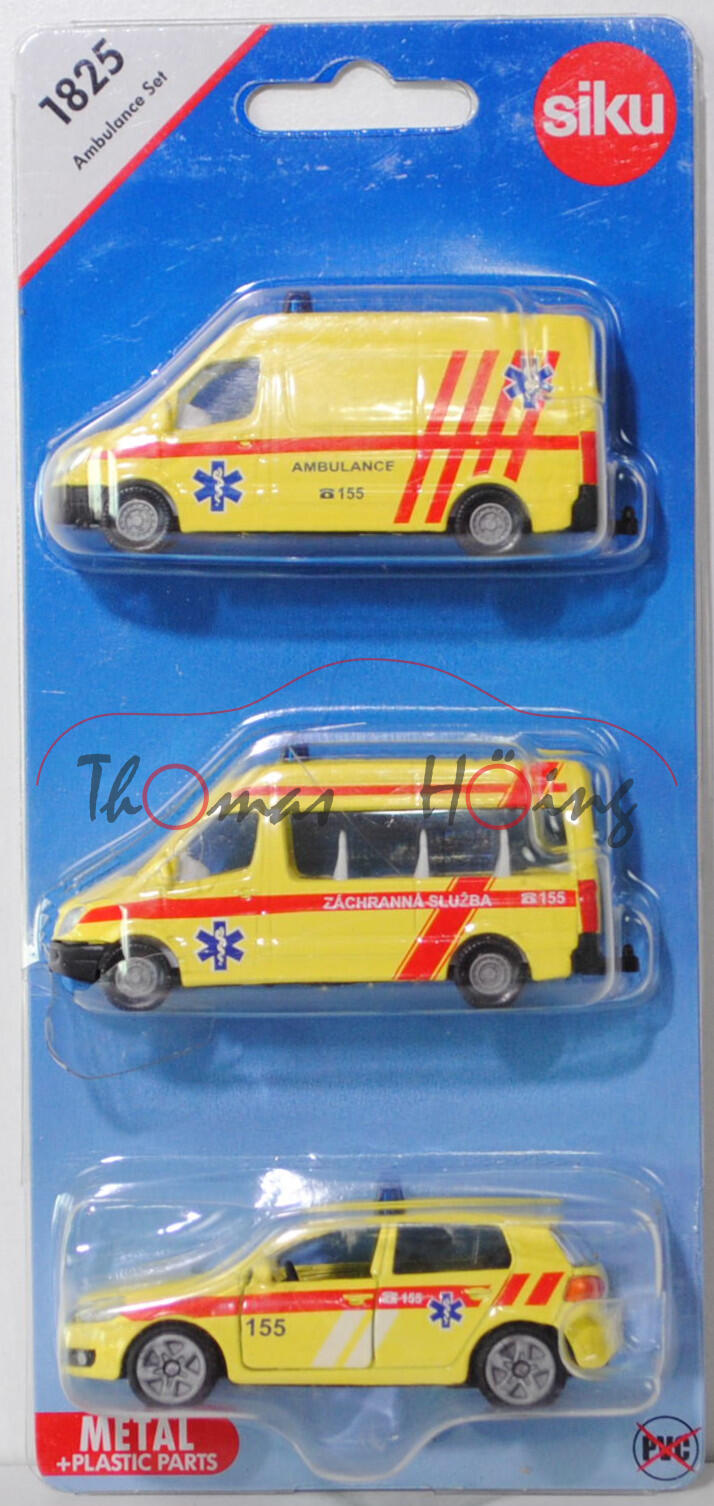 06101 CZ Ambulance Set: 2x Mercedes-Benz Sprinter II + VW Golf VI 2.0 TDI Comfortline Ambulance Car, gelb, 155, SIKU SUPER, Werbeblister gebrochen