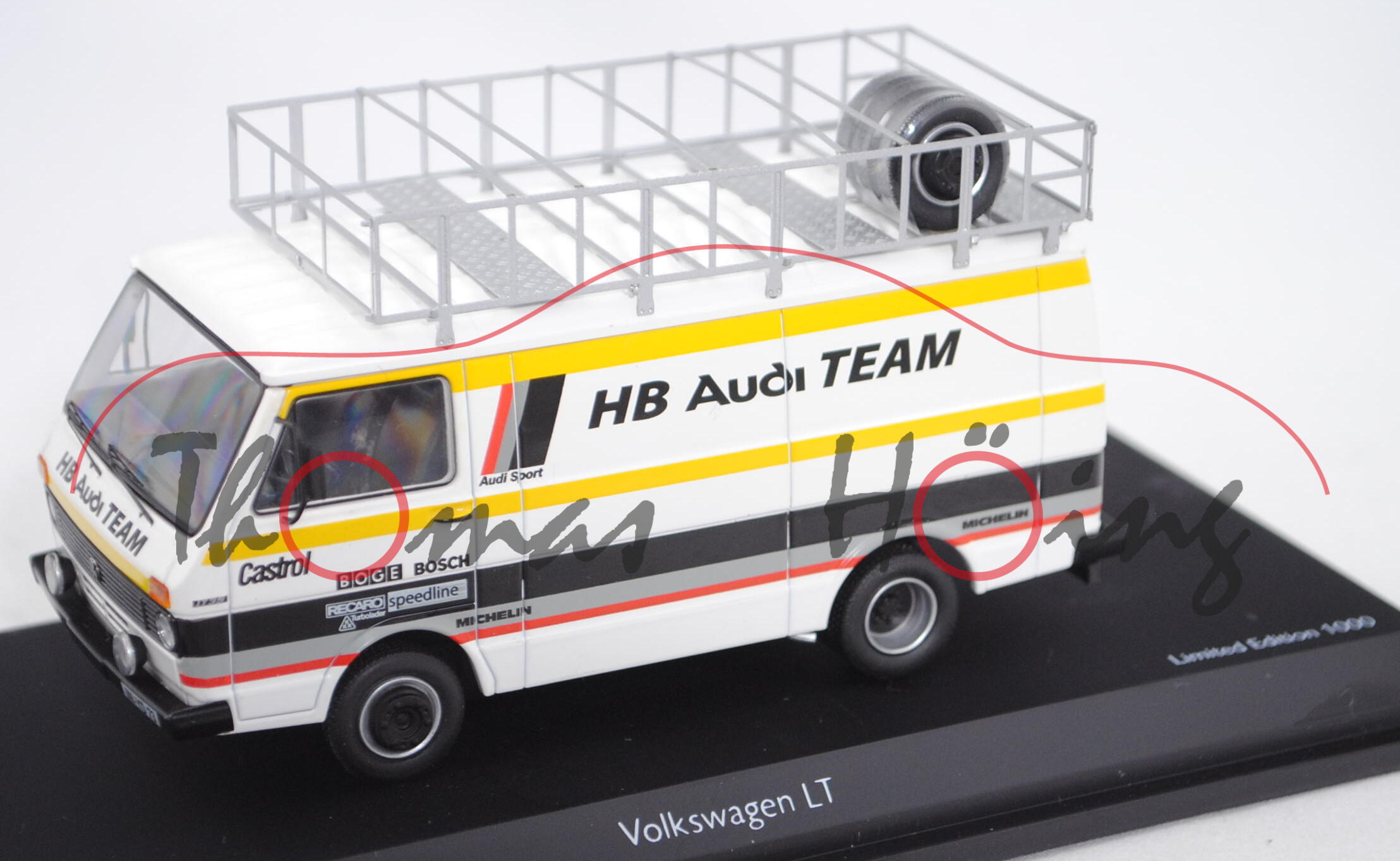 VW LT Kastenwagen, weiß, HB Audi TEAM / Castrol / BOGE / BOSCH / RECARO / MICHELIN, Schuco, 1:43, mb