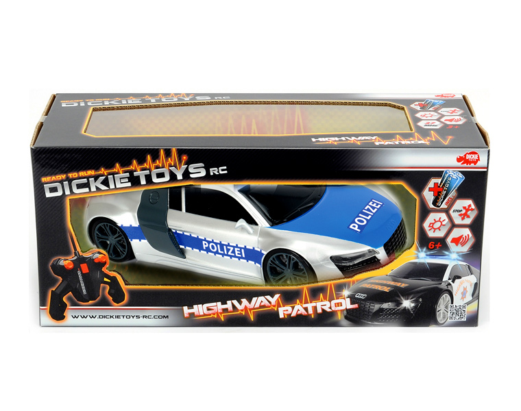 Audi R8 LMS (Typ R16) Highway Patrol, silber/blau, POLIZEI, mit Fernsteuerung, DICKIE TOYS, 1:16, mb