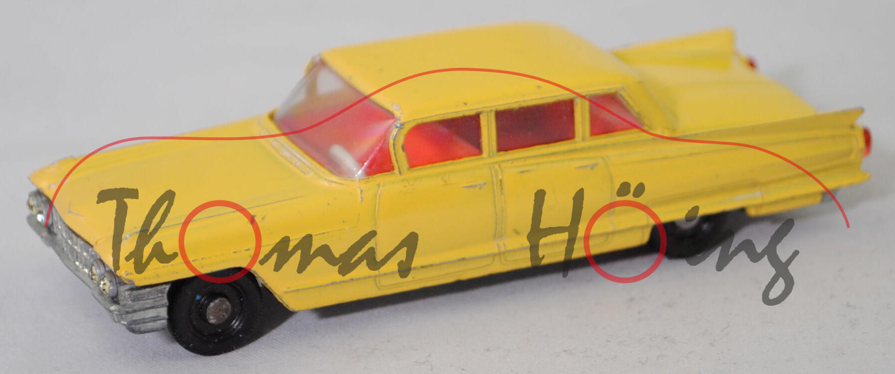 00001a Cadillac Fleetwood Seventy-Five Sedan (8. Generation, Modell 1961-1962), hell-verkehrsgelb, R1 Ø 11 mm mit gesilberter Radkappe, SIKU, 1:60, vsc
