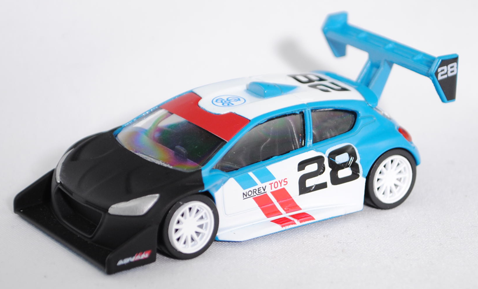 Peugeot 208 T16 Pikes Peak (Modell 2013), reinweiß/mattschwarz/hell-himmelblau, Nr. 28, NOREV TOYS,