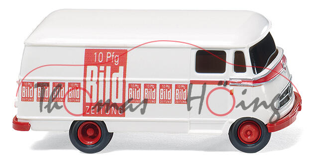 Mercedes L 319 Lieferwagen, Modell 1955-1967, weiß/feuerrot, 10 Pfg / Bild / ZEITUNG, Wiking, 1:87,