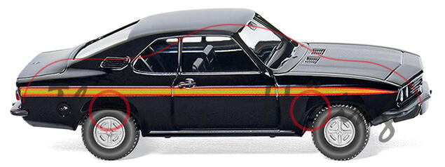 Opel Manta A GT/E (Modell 1974-1975, Baujahr 1974),schwarz, mit Zierstreifen in verkehrsgelb/verkehr