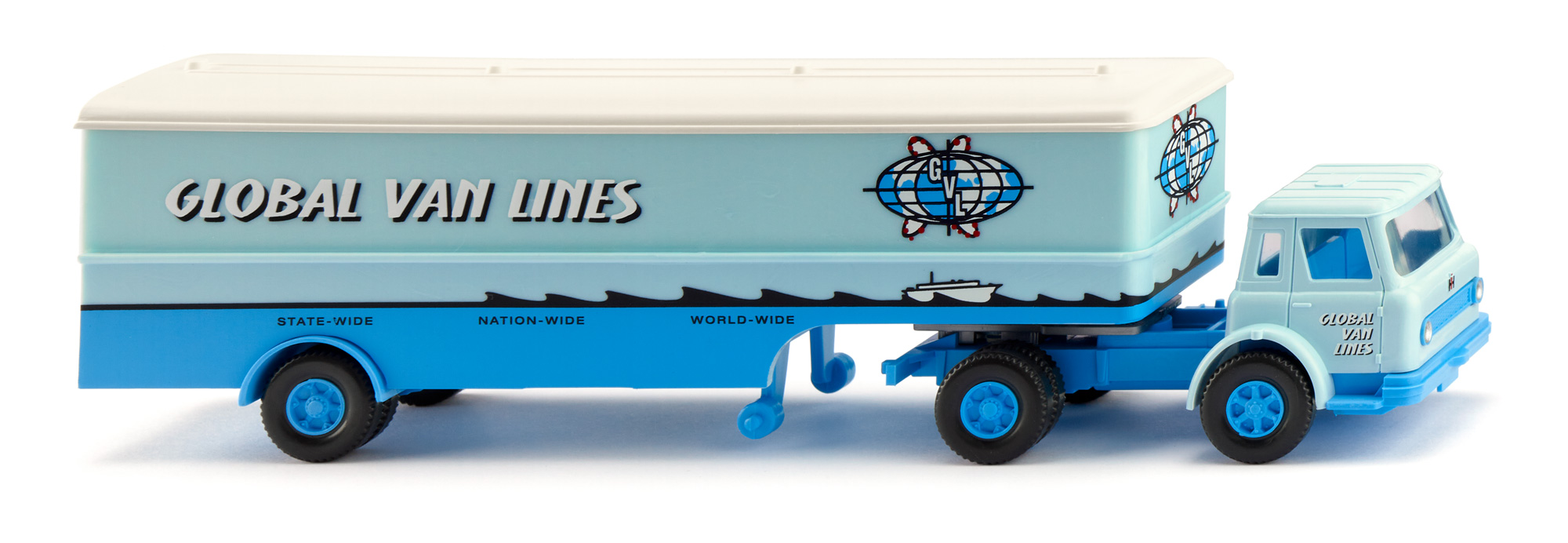 International Harvester Loadstar CO 1700 S (Modell 1963-1966) Koffersattelzug, weißblau, GLOBAL VAN LINES, Wiking, 1:87, mb