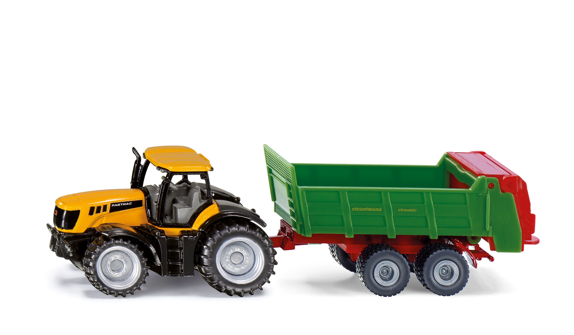 00000 JCB® 8250 V-TRONIC FASTRAC (Modell 2005-2011) und Strautmann Streublitz Universalstreuer VS 2004 (Modell 2012-2016), melonengelb/schwarz und gelbgrün, SIKU SUPER, P29f