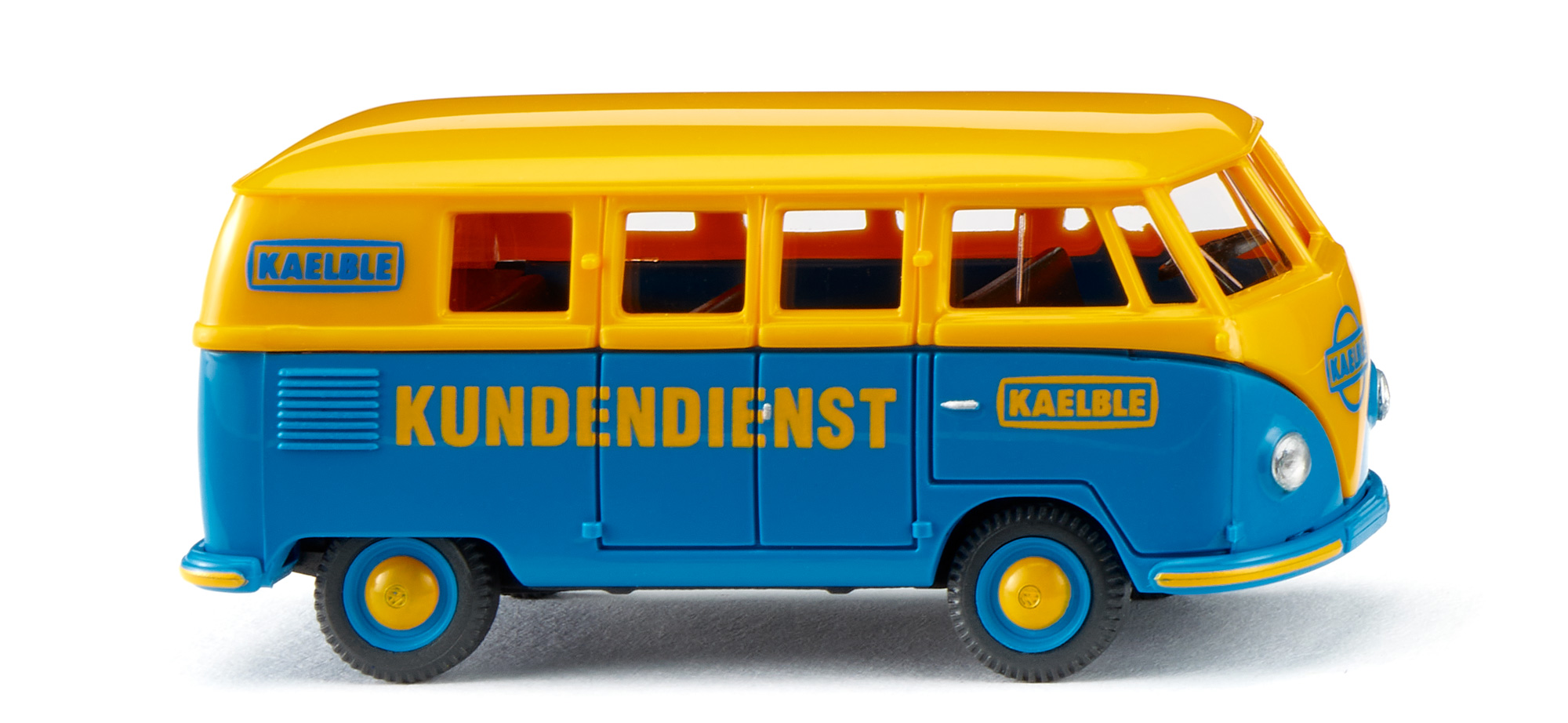VW Transporter T1 1200 Kleinbus (Typ 2 T1 bzw. Typ 2 Transporter 1, Modell 1954-1958), maisgelb/blau, KAELBLE-Logo / KUNDENDIENST, Wiking, 1:87, mb
