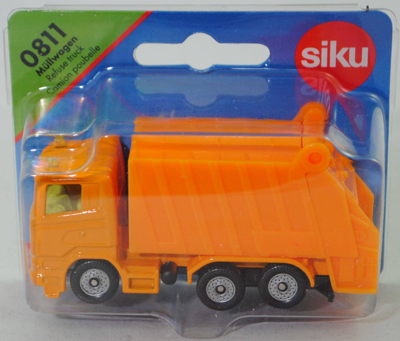 00008 Scania R380 (CR16, Day cab, Modell 2007-2009) Müllwagen, dunkel-melonengelb, Stoßfänger vorne durchgehend, C36, SIKU, 1:89, P29e