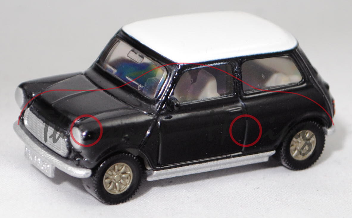 00001 MINI Cooper 1.3i (6. Generation, Typ MK VI, Modell 1991-1996), schwarz, Dach weiß, SIKU, 1:52