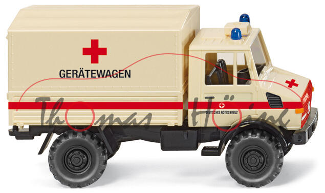 DRK - Unimog U 1300 L, Modell 1987-1992, hellelfenbein/schwarz, DEUTSCHES ROTES KREUZ / GERÄTEWAGEN,