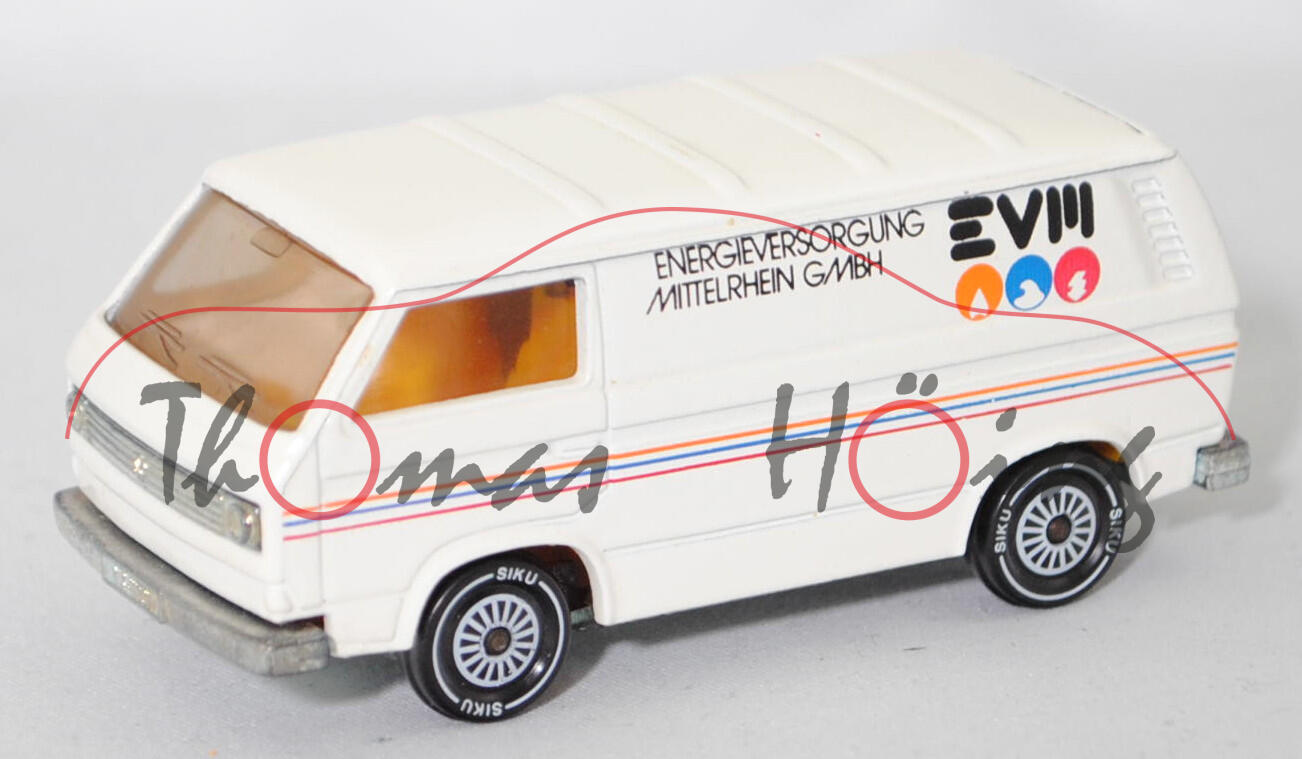 VW Transporter Kastenwagen (T3, Modell '80, Modell 1979-1982), reinweiß, ENERGIEVERSORGUNG / MITTELRHEIN GMBH / EVM, ohne CE-Zeichen, SIKU, 1:60, m (Limited Edition)