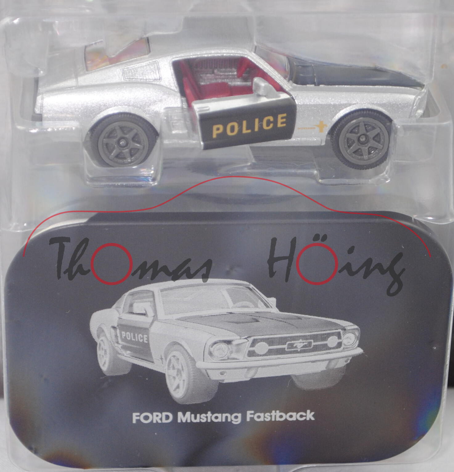 Ford Shelby Mustang I Fastback (Mod. 1967-1968), silber, POLICE, mit Metalldose, majorette, 1:62, mb