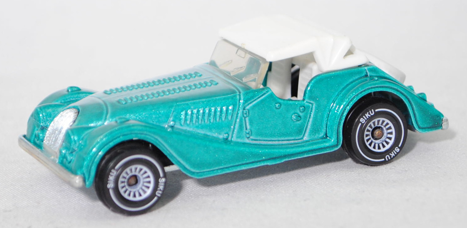 00002 Morgan Plus 8 3.5 V8 (1. Generation, Modell 1981-1987), blass-hell-blaugrünmetallic, innen reinweiß, W-Germ, mit CE-Zeichen, B4, SIKU SUPER, 1:52, m