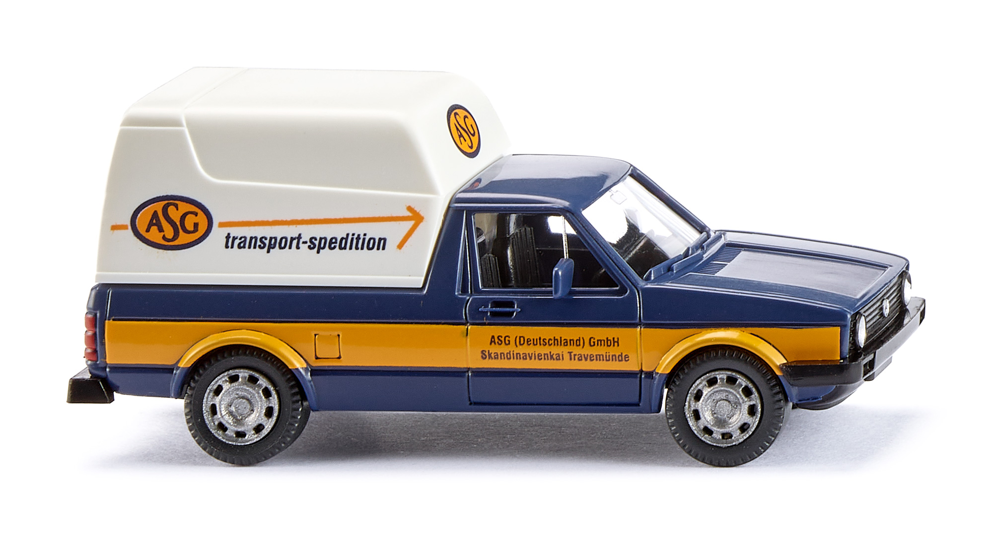 VW Caddy 1.5 / 1.6 / 1.6 D (1. Generation, Baureihe Caddy, Typ 14D, Modell 1982-1992) mit Kastenaufbau, saphirblau, ASG-Logo / transport-spedition, Wiking, 1:87, mb