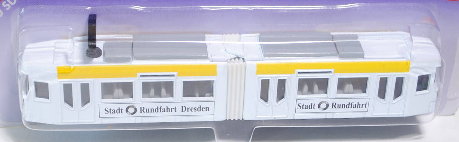 Straßenbahn, reinweiß, Stadt Rundfahrt Dresden / Stadt Rundfahrt, mit gelbem Streifen am Dach, P26