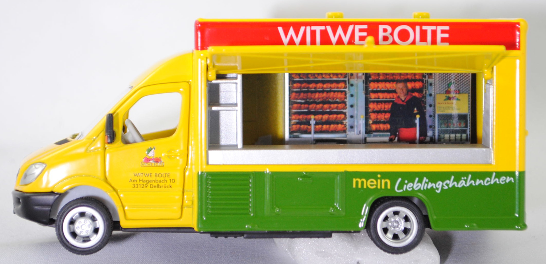 00403 Mercedes-Benz Sprinter II (2. Generation, W 906, Vor-MoPf, Modell 2006-2009) 515 CDI Verkaufswagen, verkehrsgelb, WITWE BOLTE / 40 Jahre, SIKU SUPER 1:50, Werbebox