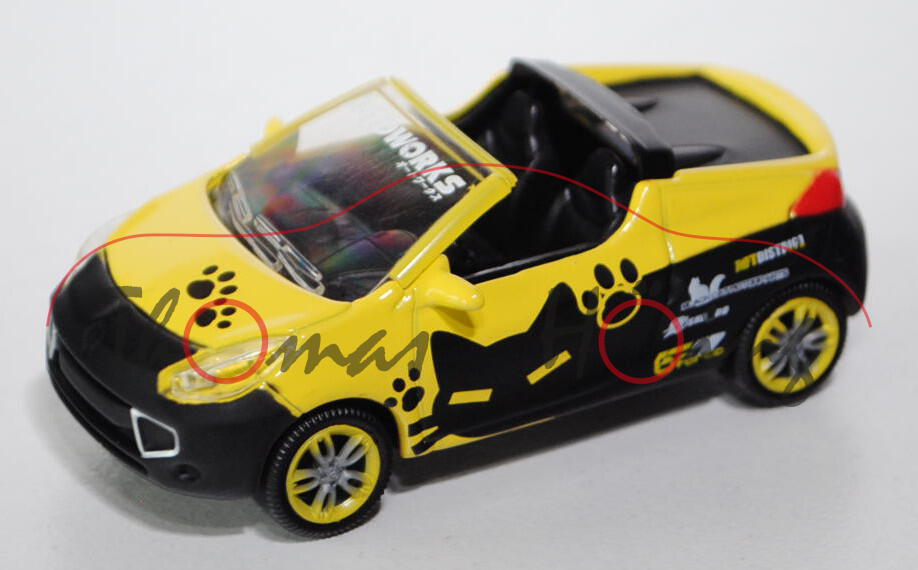 Renault Wind 2010, zinkgelb/mattschwarz, BLACK CAT MOTORPARTS / AUTOWORKS, 1:50, Norev STREET Racer,