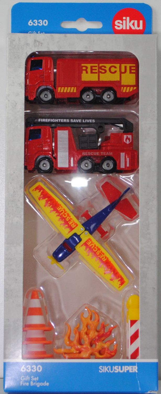 00002 Geschenkset Feuerwehr: Scania R380 Tanklöschfahrzeug + Rosenbauer Hubrettungsbühne auf Scania R380 Fahrgestell + Sportflugzeug + Zubehör, SIKU SUPER, P33R