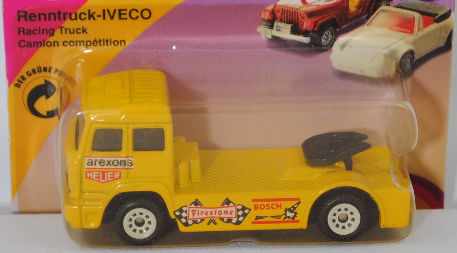 00002 Iveco TurboStar Renntruck (Truck-Racing-Europameisterschaft 1989-1993, Klasse B), gelb, arexons / HEUER / Firestone / BOSCH, Bpr. 1018, C1 weiß, SIKU, 1:86, P23 vergilbt