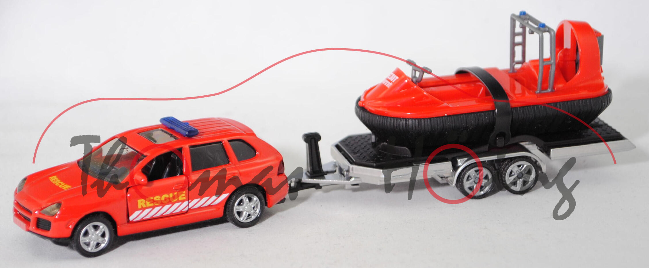 00000 Porsche Cayenne Turbo (Mod. 2002-2006) mit Anhänger und SCOUT Hovercraft S430B Rettung (Mod. 12-), rot, RESCUE / SCOUT / Hovercraft, SIKU SUPER 1:55