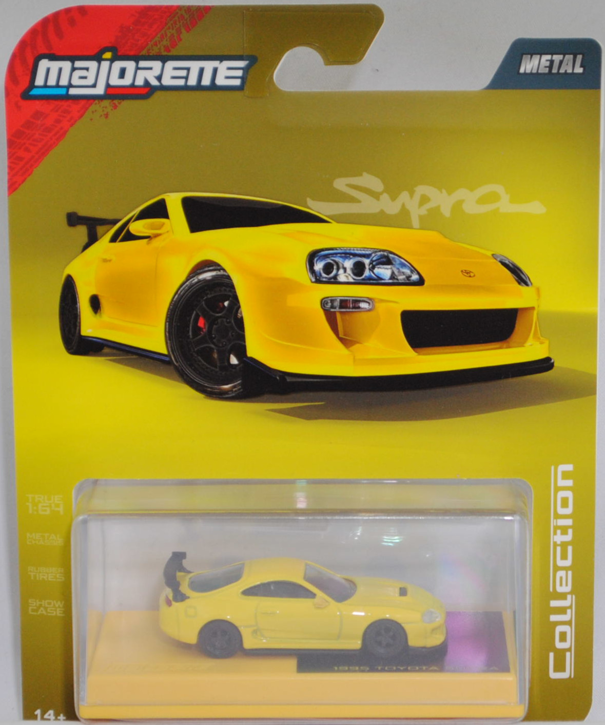 Toyota Supra RZ (4. Generation, JZA80 (in den USA Supra MKIV genannt), Vorfacelift, Modell 1993-1996), zinkgelb, majorette, 1:64, PC-Box im Blister (Collection)