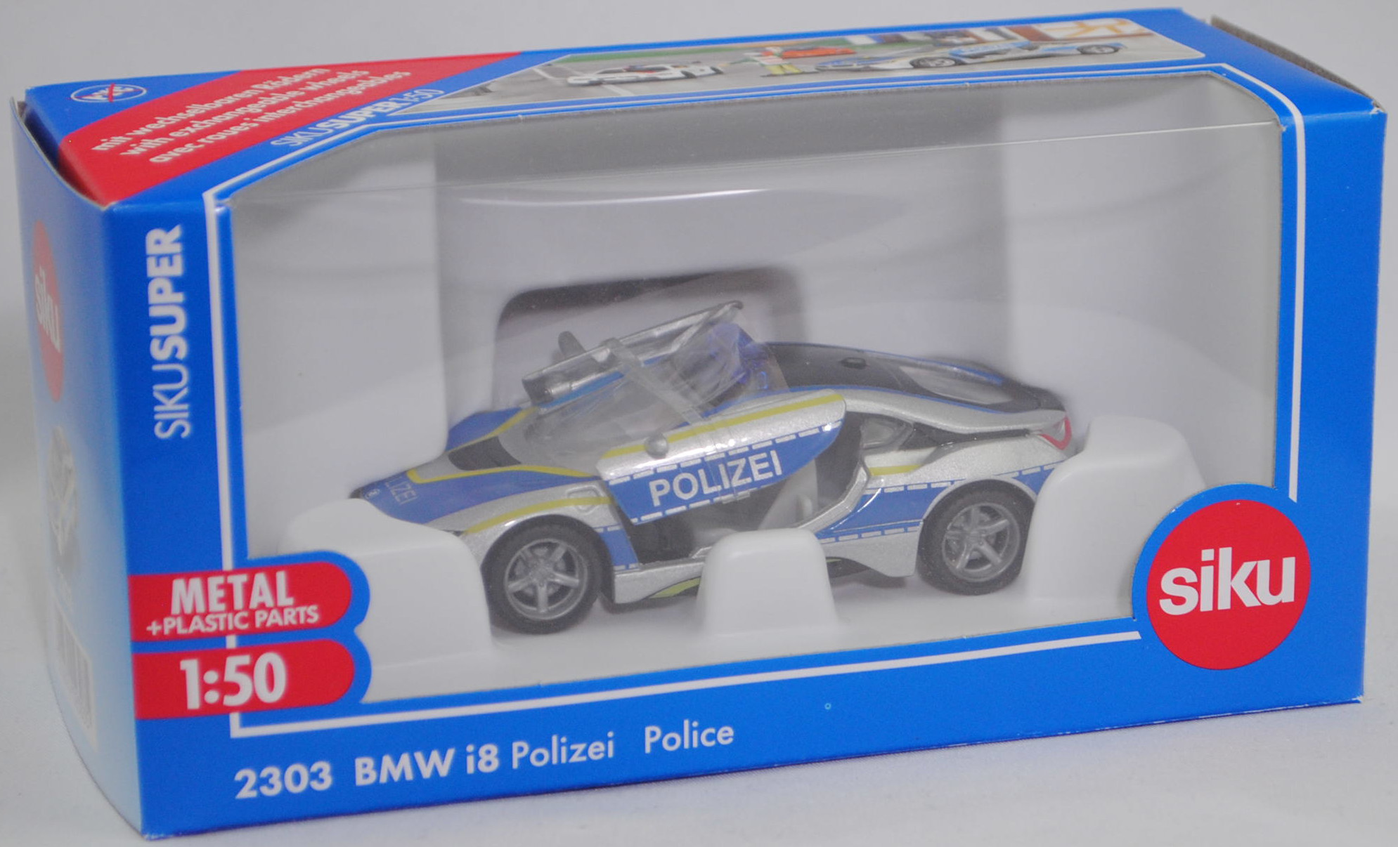 00001 BMW i8 Coupé LCI (1. Generation, I12, Facelift 2018, Modell 2018-2020) Polizei, silber, POLIZEI, Streifen in schwefelgelb/hell-signalblau, SIKU SUPER, 1:50, L17mpK