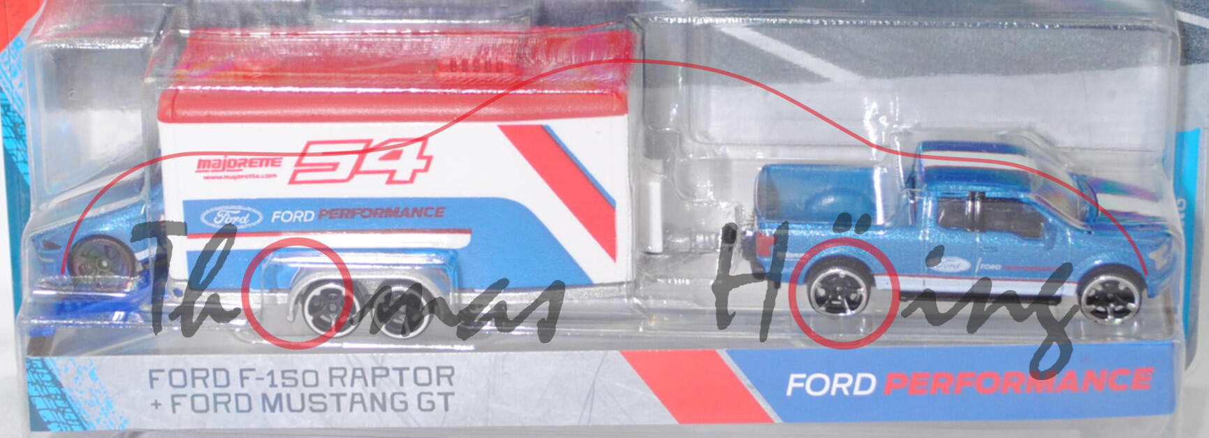 Ford F-150 RAPTOR SuperCab mit Autotransporter und Ford Mustang 5.0 Ti-VCT V8 GT Fastback vom Team FORD PERFORMANCE, blau, majorette, Blister (RACING Deluxe Trailer)